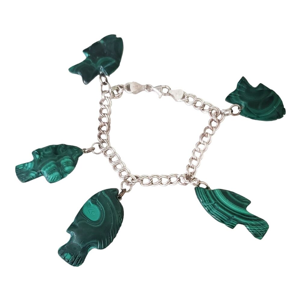 925 Sterling Silver Bracelet Double Link 7" Italy 5 Carved Malachite Fish Charms